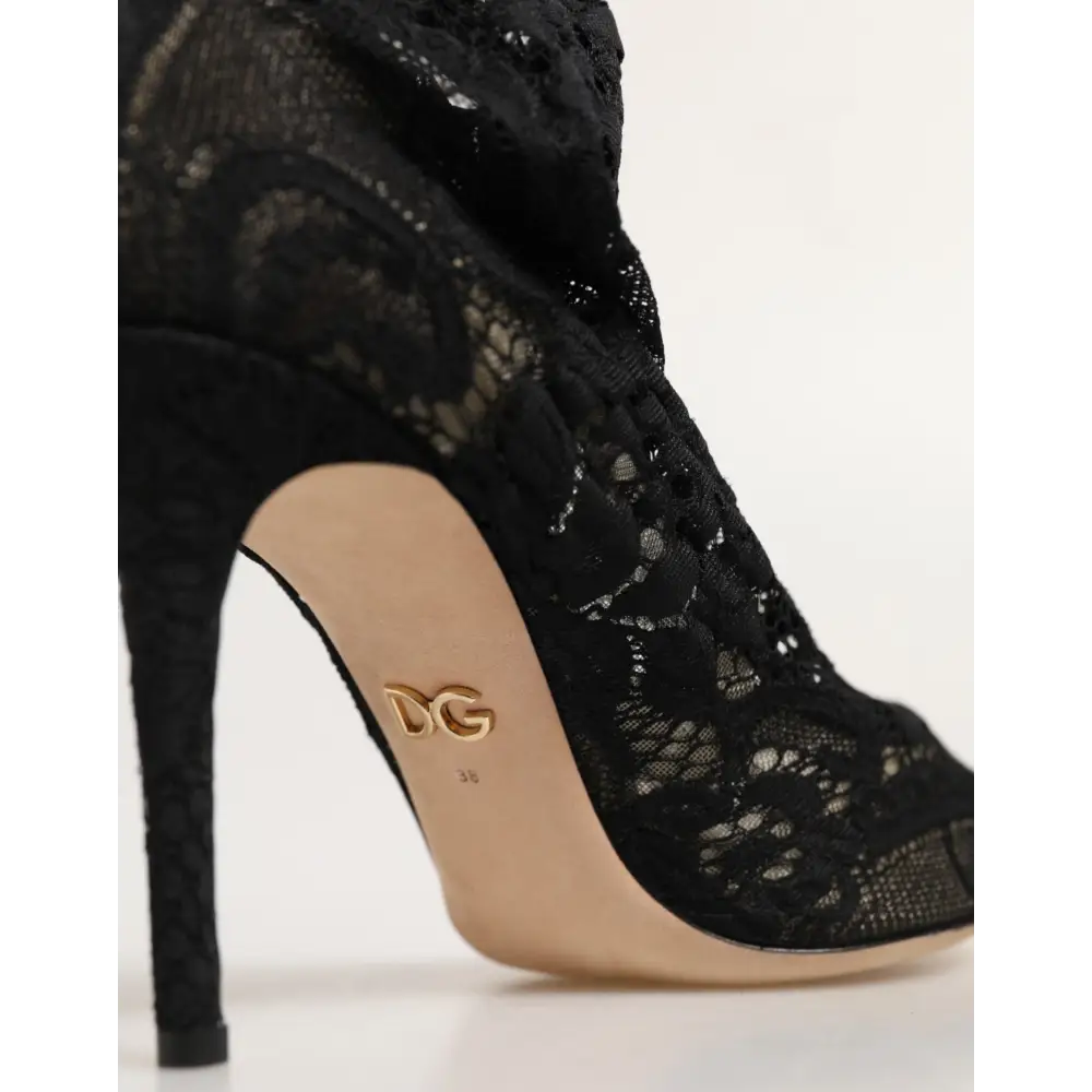 Dolce & Gabbana Schwarze Stretch-Socken-Stiefel mit Taormina-Spitze - EU38/US7.5