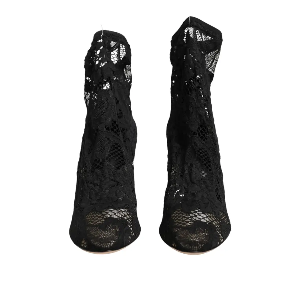 Dolce & Gabbana Schwarze Stretch-Socken-Stiefel mit Taormina-Spitze - EU38/US7.5