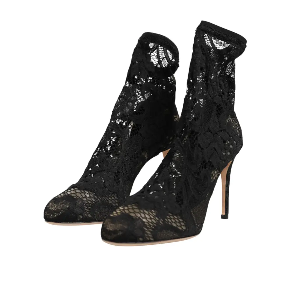 Dolce & Gabbana Schwarze Stretch-Socken-Stiefel mit Taormina-Spitze - EU38/US7.5