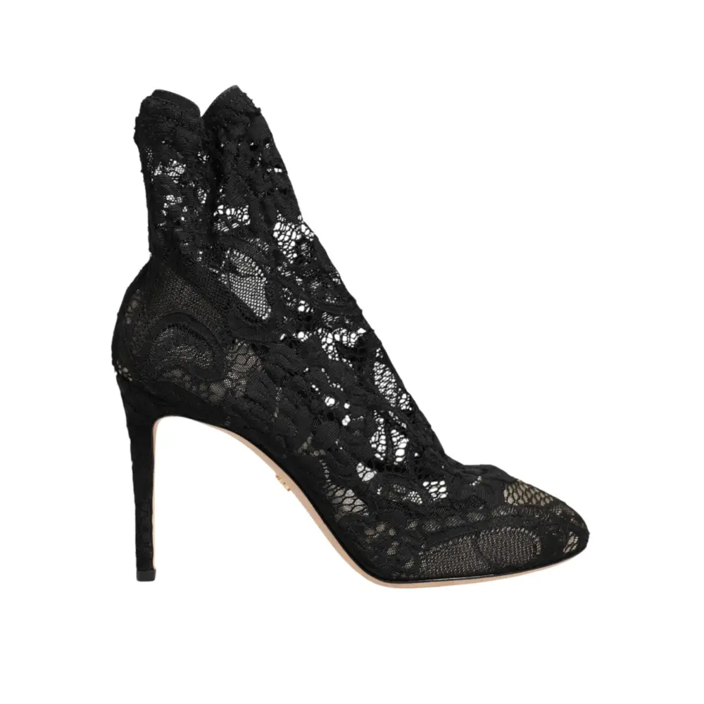 Dolce & Gabbana Schwarze Stretch-Socken-Stiefel mit Taormina-Spitze - EU38/US7.5