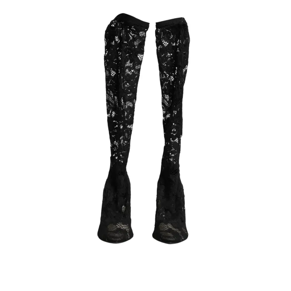 Dolce & Gabbana Schwarze Taormina-Spitzenstiefel mit Sockenoptik - EU37.5/US7