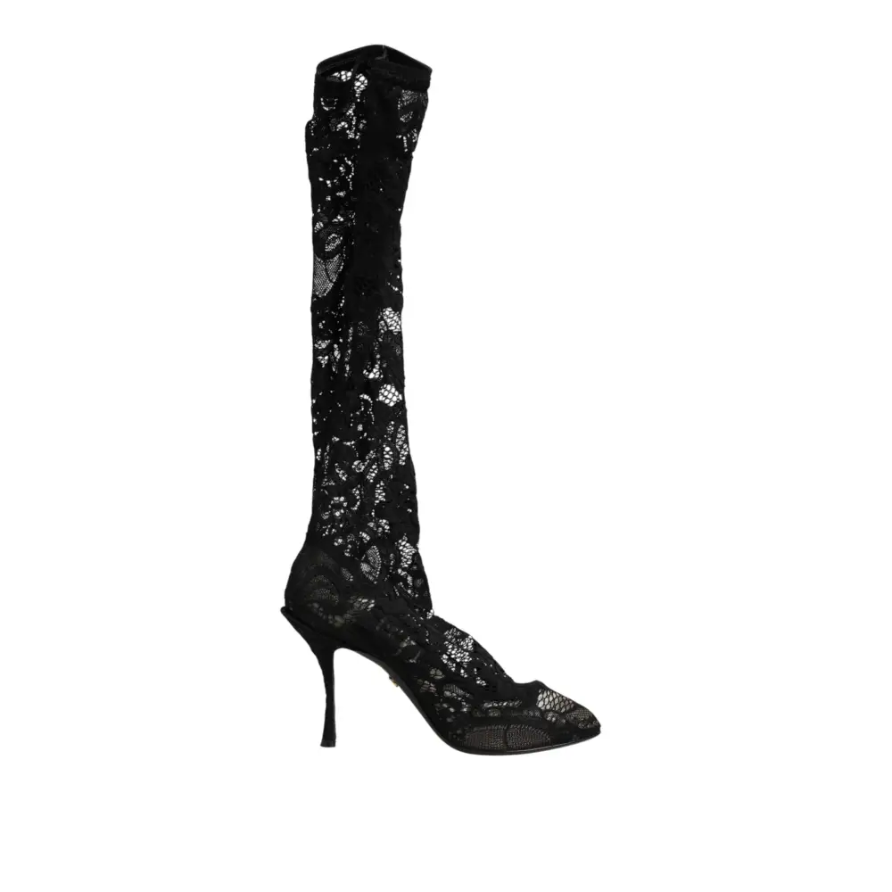 Dolce & Gabbana Schwarze Taormina-Spitzenstiefel mit Sockenoptik - EU37.5/US7