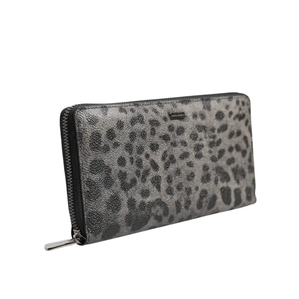 Dolce & Gabbana Schwarzer grauer Leopard Leder Zip Around Continental Geldbörse