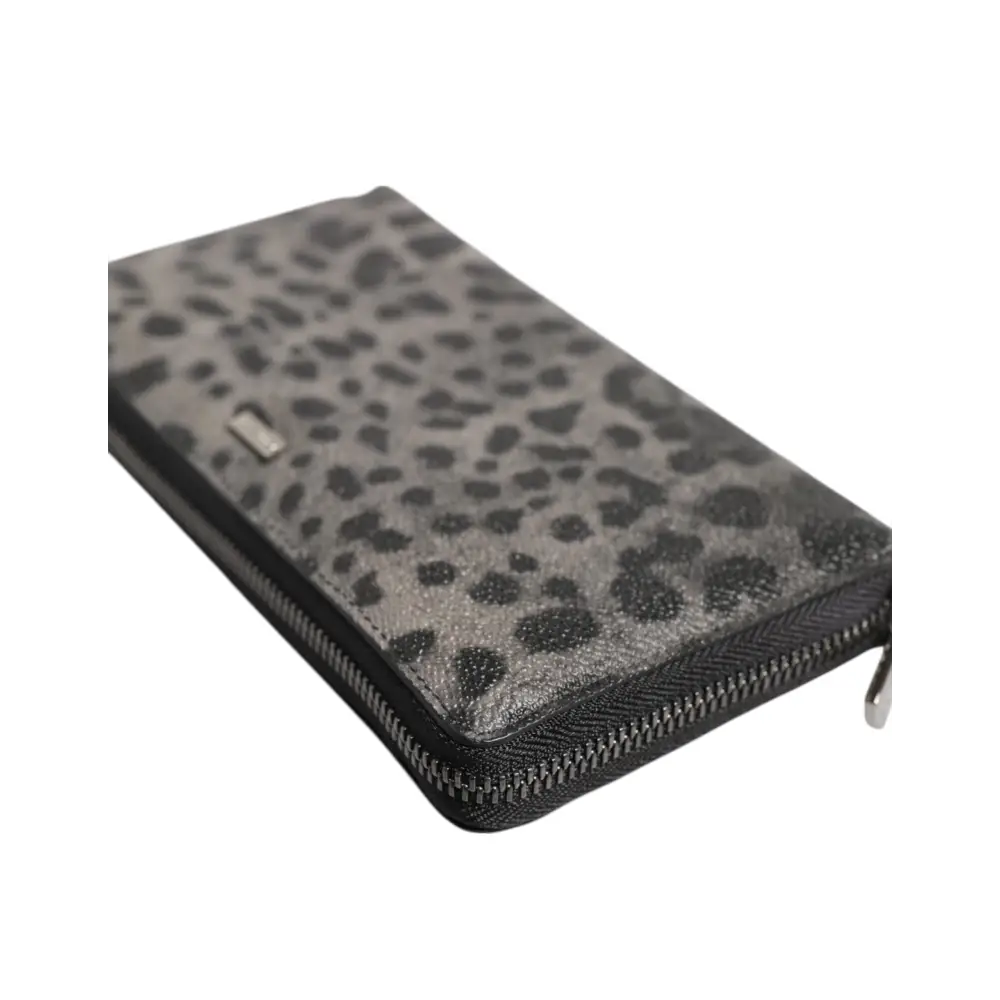 Dolce & Gabbana Schwarzer grauer Leopard Leder Zip Around Continental Geldbörse
