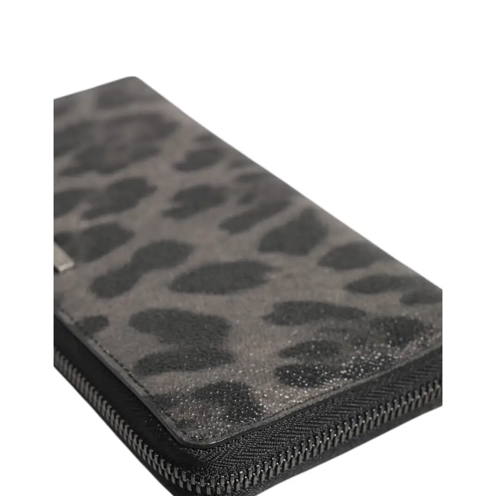 Dolce & Gabbana Schwarzer grauer Leopard Leder Zip Around Continental Geldbörse