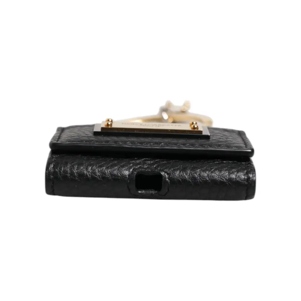 Dolce & Gabbana Schwarzer Lederriemen Gold Metall Logo Plaque Airpods Fall