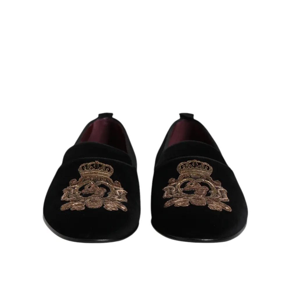Dolce & Gabbana Schwarzer Samt Gold Crown Herren Loafers Schuhe - EU48/US15