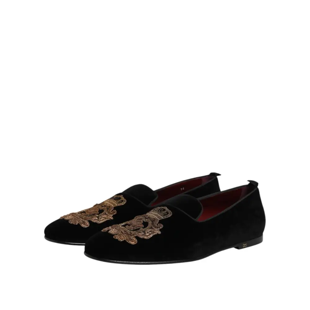 Dolce & Gabbana Schwarzer Samt Gold Crown Herren Loafers Schuhe - EU48/US15