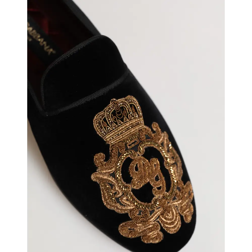 Dolce & Gabbana Schwarzer Samt Gold Crown Herren Loafers Schuhe - EU 40 | US 7