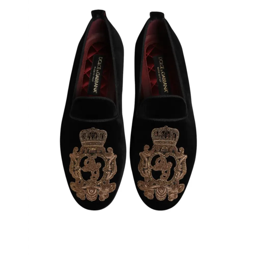 Dolce & Gabbana Schwarzer Samt Gold Crown Herren Loafers Schuhe - EU 40 | US 7