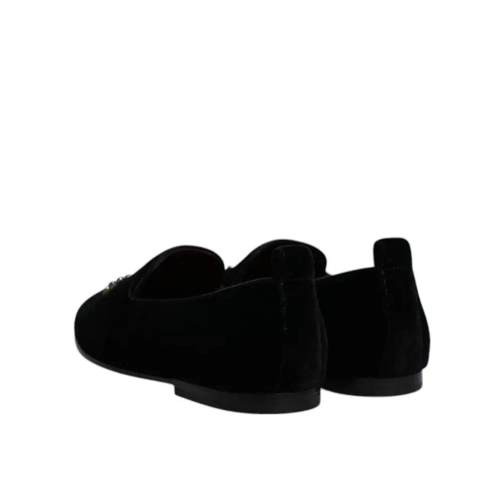 Dolce & Gabbana Schwarzer Samt Kristallkrone Loafers Formelle Kleid Schuhe