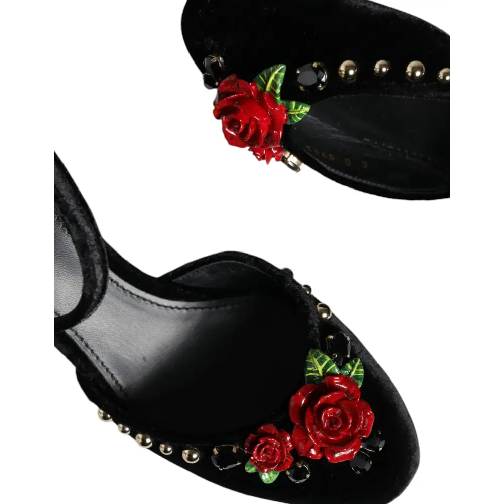 Dolce & Gabbana Schwarzer Samt Rosen Knöchelriemen Pumps Schuhe - EU37/US7