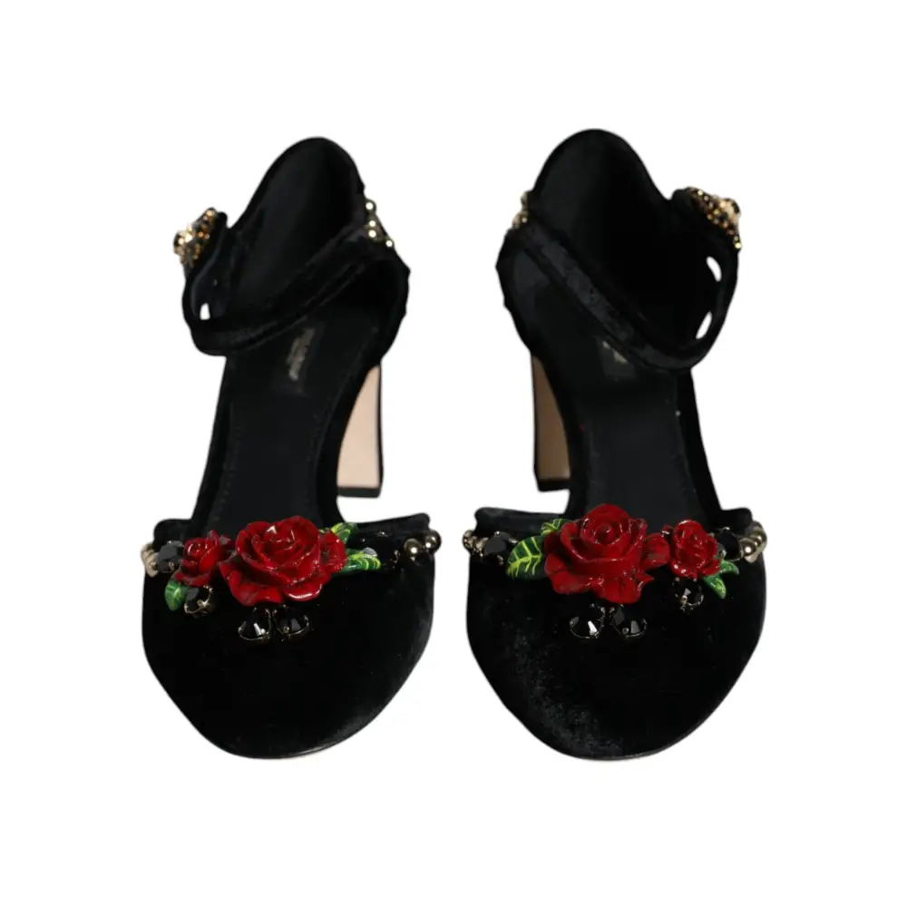 Dolce & Gabbana Schwarzer Samt Rosen Knöchelriemen Pumps Schuhe - EU37/US7
