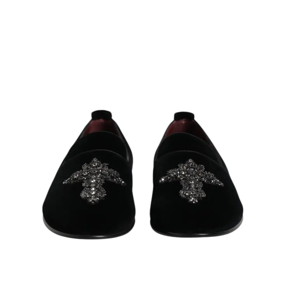 Dolce & Gabbana Schwarzer Samt verschönert Loafer Slip On Schuhe - EU43/US10