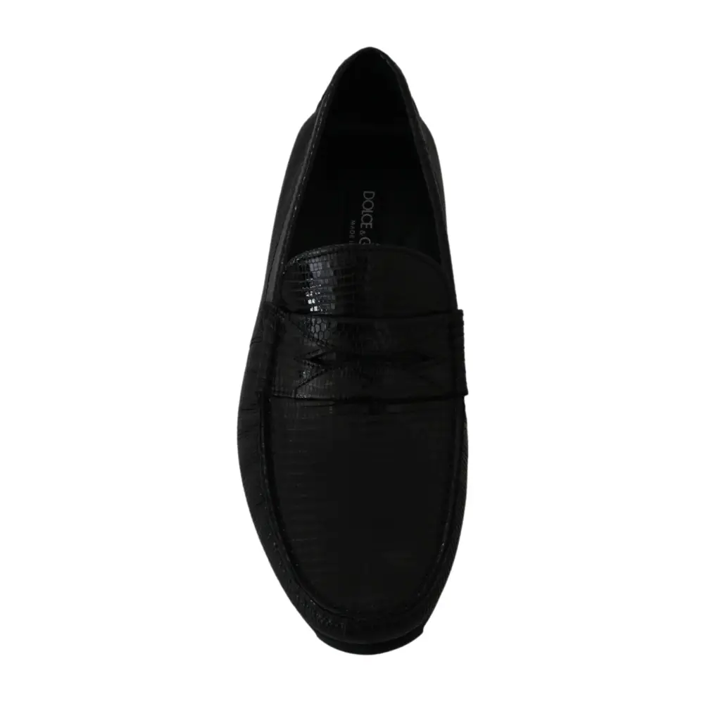 Dolce & Gabbana Schwarzes Eidechsenleder Flache Loafers Schuhe - EU39/US6