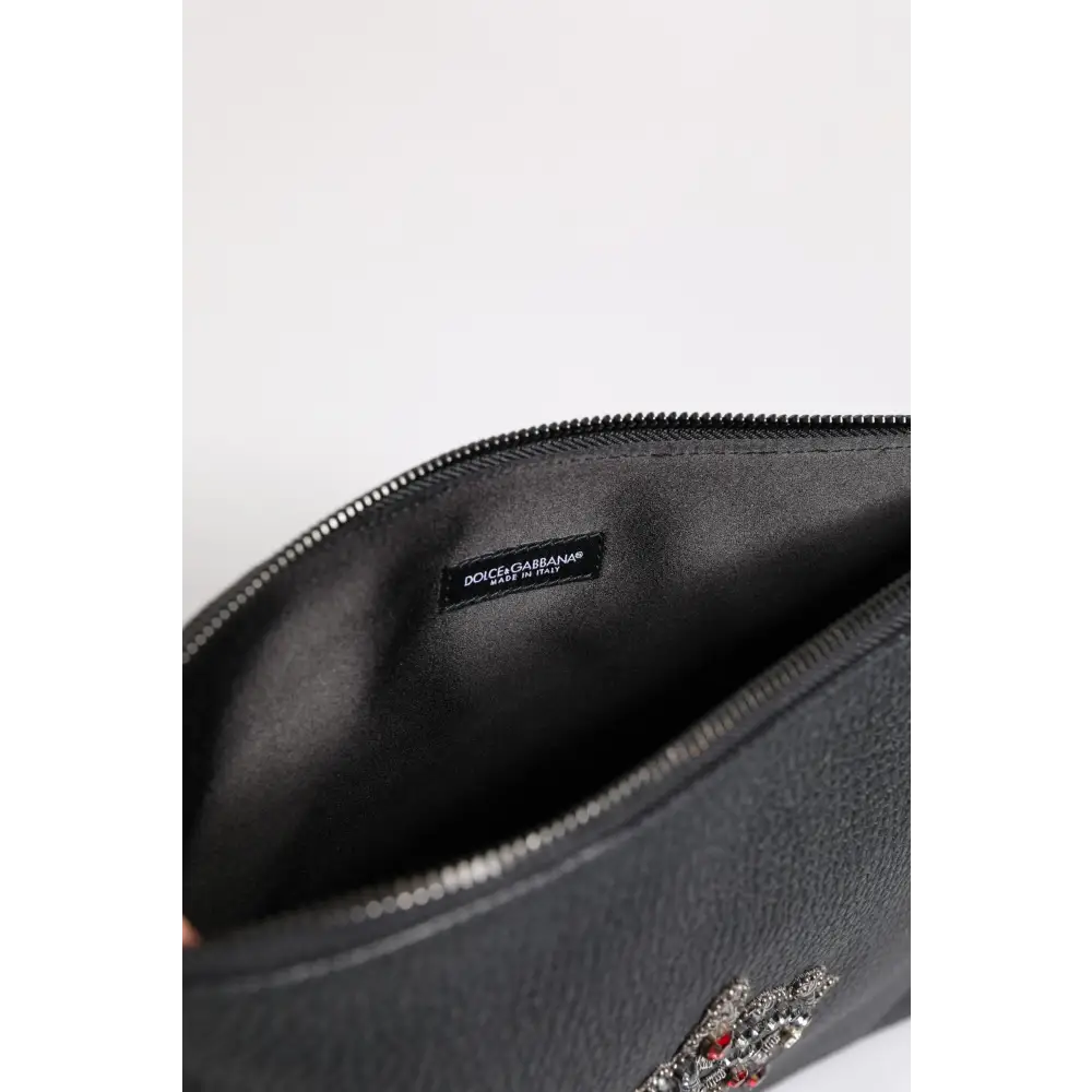 Dolce & Gabbana Schwarzes Kalbsleder Krone verschönert Clutch Pouch Tasche