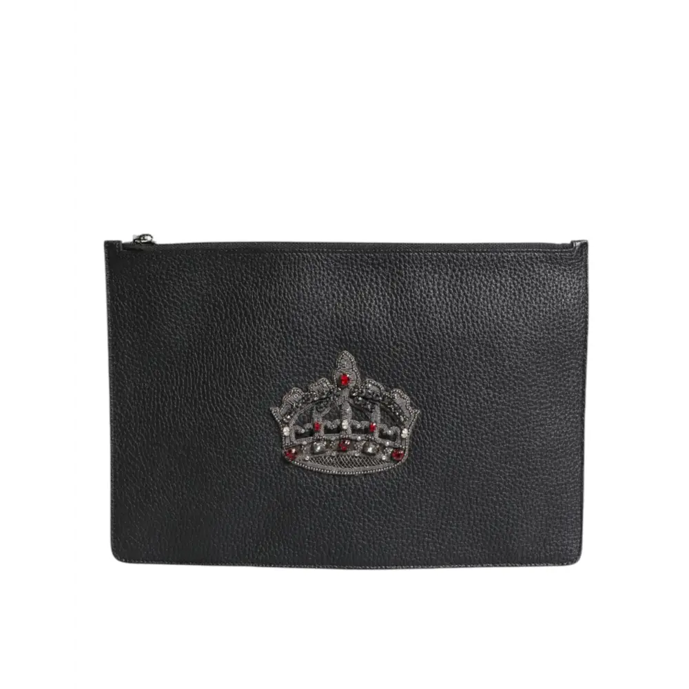Dolce & Gabbana Schwarzes Kalbsleder Krone verschönert Clutch Pouch Tasche