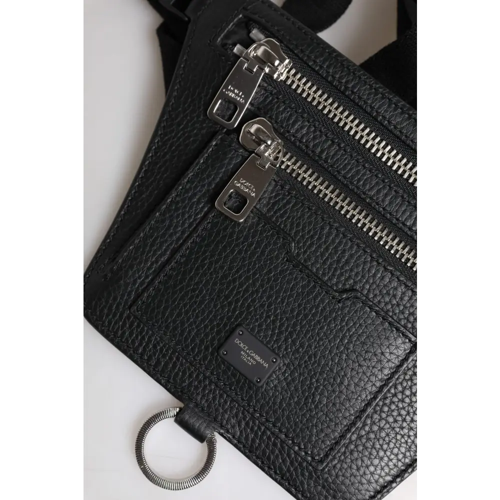 Dolce & Gabbana Schwarzes Kalbsleder Logo Plaque Gürtel Taille Männer Fanny Pack Tasche