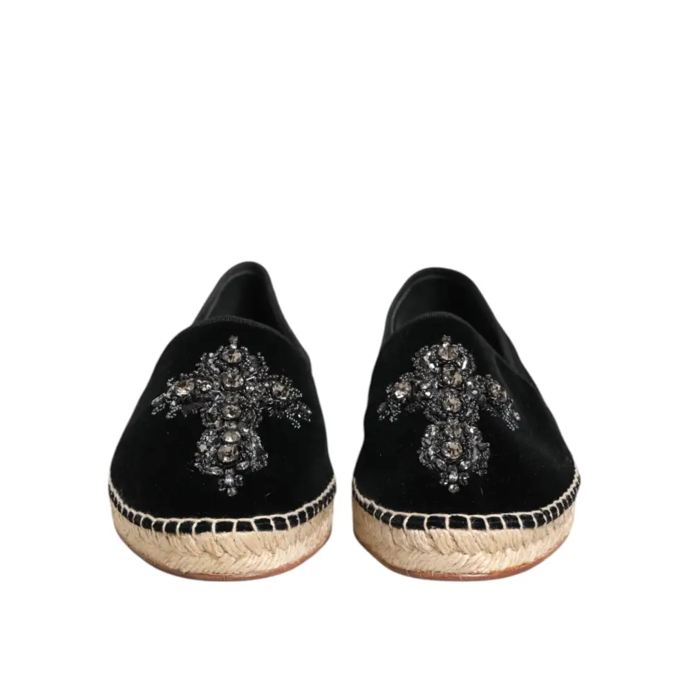 Dolce & Gabbana Schwarzes Kreuz Kristall Slip On Espadrille Schuhe - EU39/US6