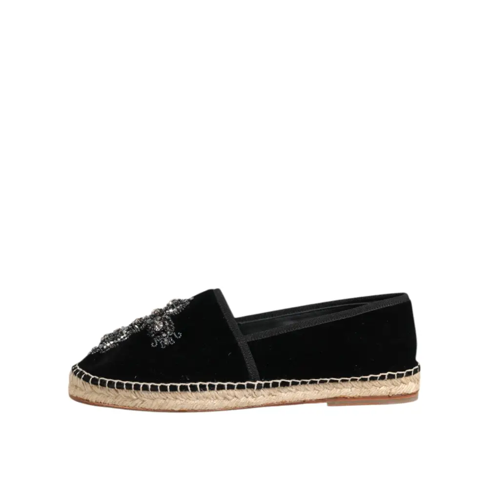 Dolce & Gabbana Schwarzes Kreuz Kristall Slip On Espadrille Schuhe - EU39/US6
