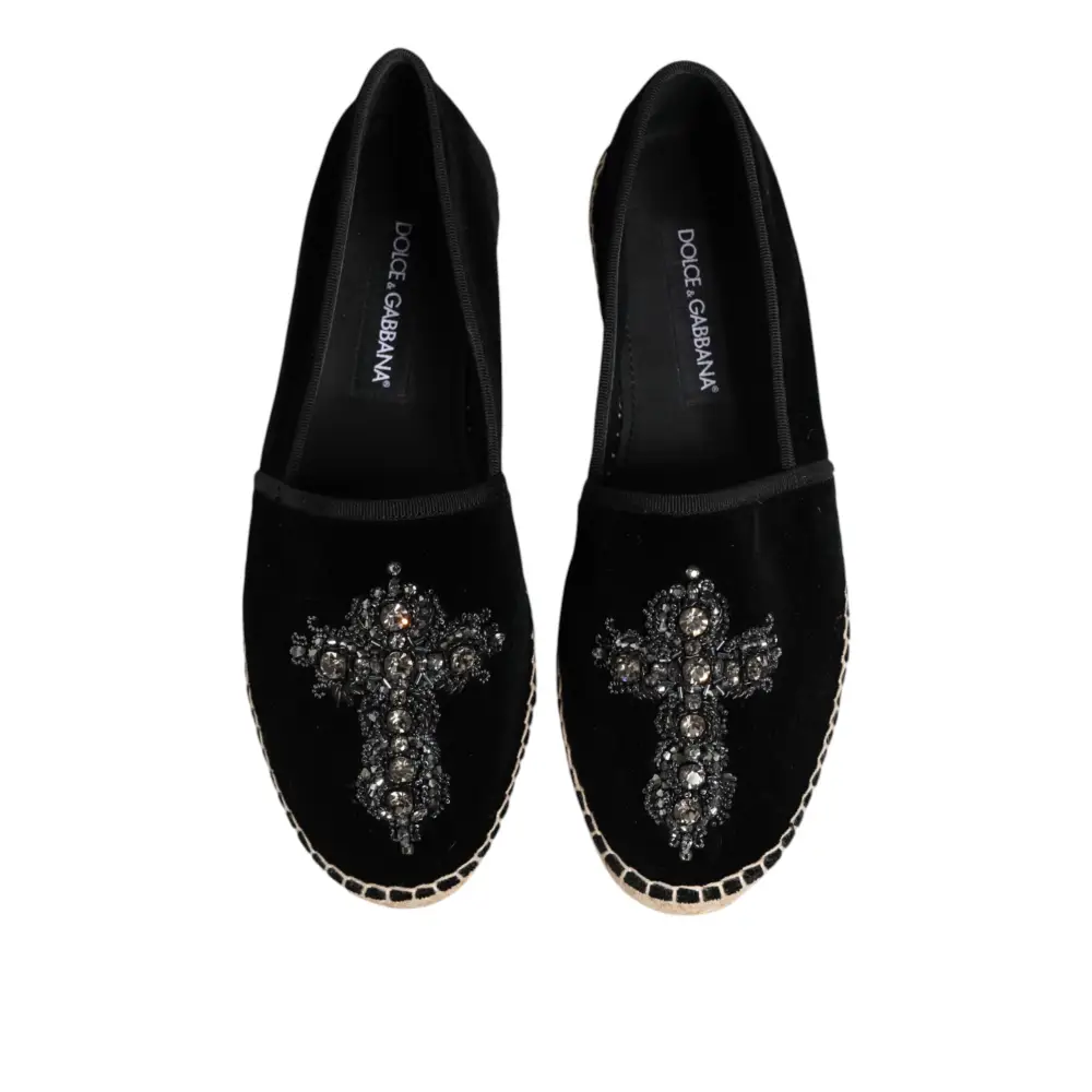 Dolce & Gabbana Schwarzes Kreuz Kristall Slip On Espadrille Schuhe - EU39/US6