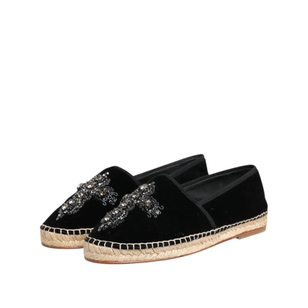 Dolce & Gabbana Schwarzes Kreuz Kristall Slip On Espadrille Schuhe - EU39/US6