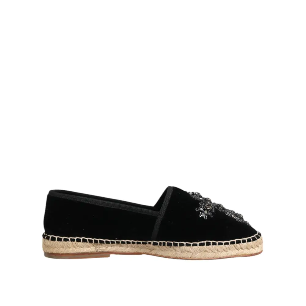 Dolce & Gabbana Schwarzes Kreuz Kristall Slip On Espadrille Schuhe - EU39/US6