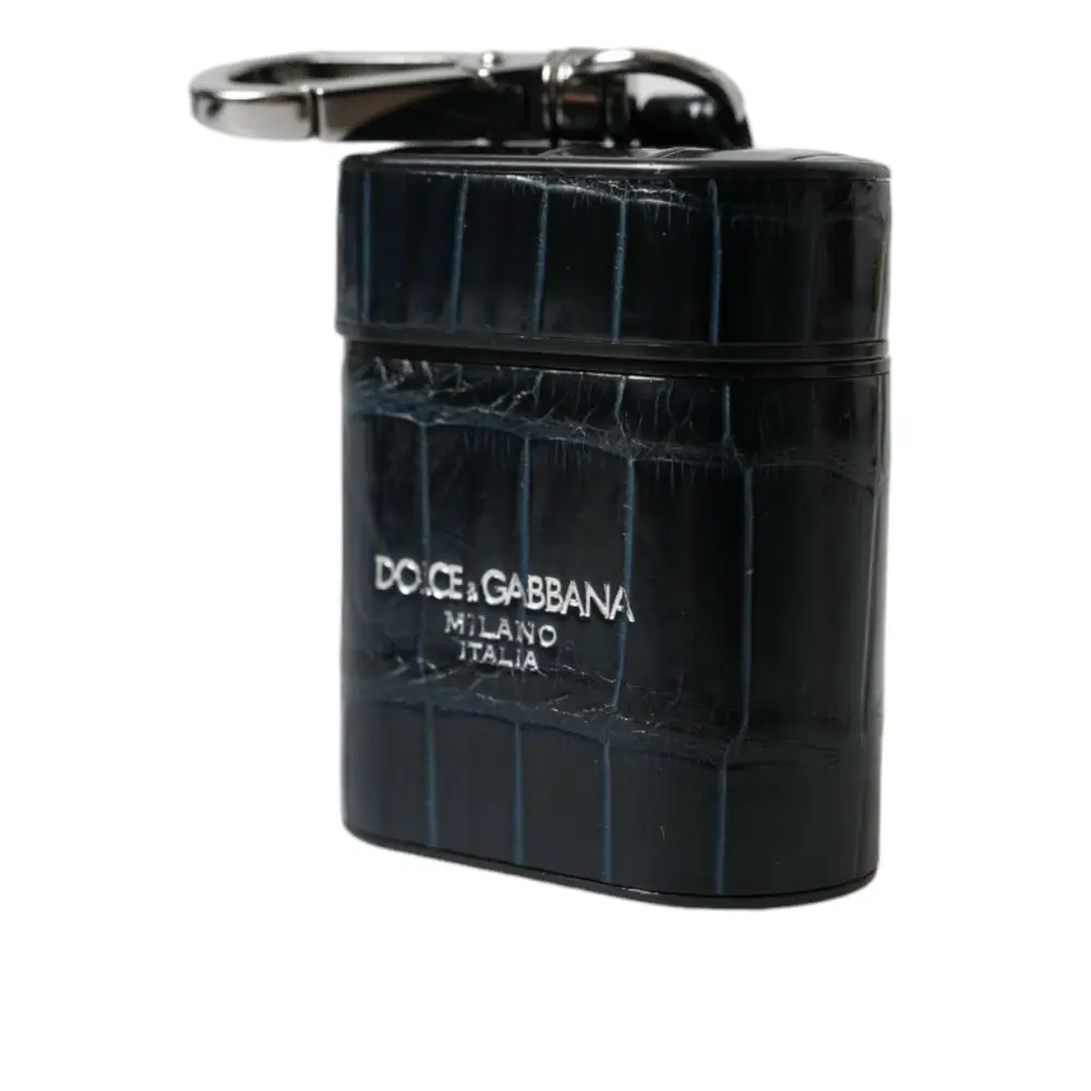 Dolce & Gabbana Schwarzes Krokodilleder Silber Metall Logo Airpods Etui