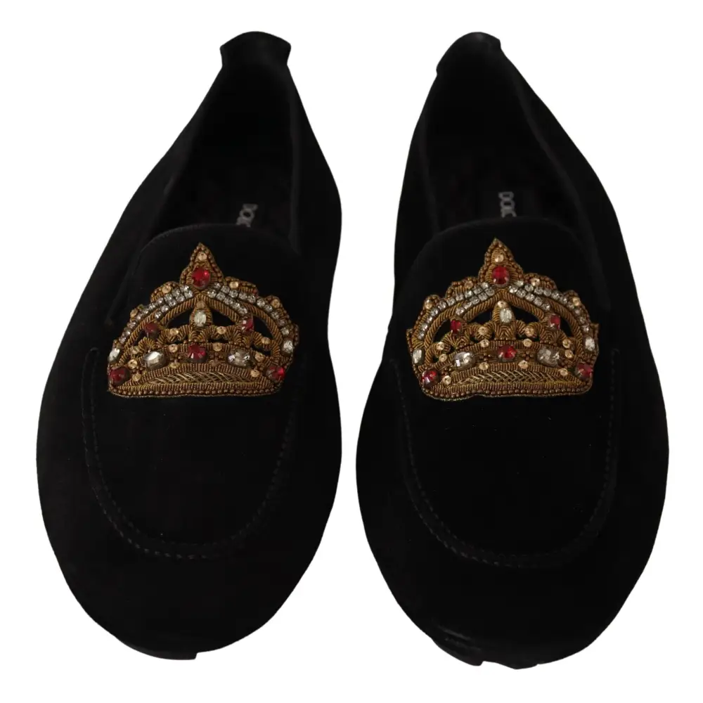 Dolce & Gabbana Schwarzes Leder Crystal Gold Crown Loafers Schuhe - EU39/US6