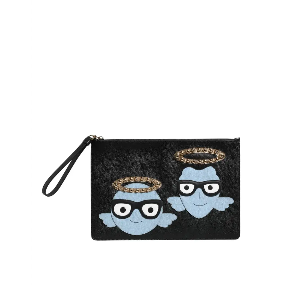 Dolce & Gabbana Schwarzes Leder #DGFAMILY verschönert Männer Zip Pouch Tasche