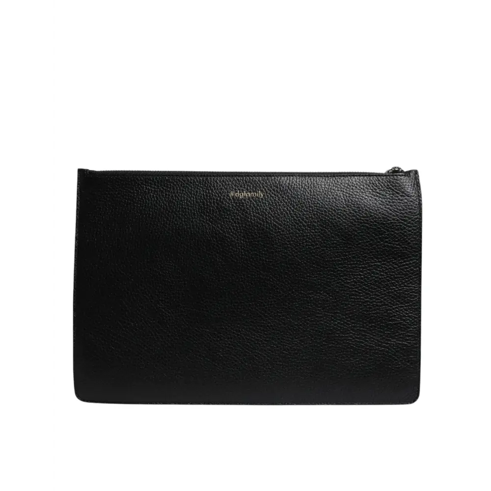 Dolce & Gabbana Schwarzes Leder #DGFAMILY verschönert Männer Zip Pouch Tasche