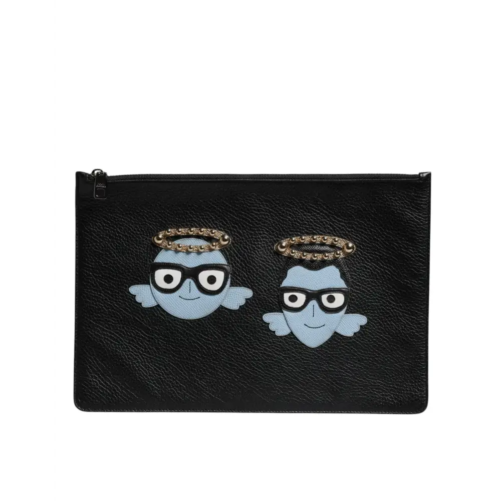 Dolce & Gabbana Schwarzes Leder #DGFAMILY verschönert Männer Zip Pouch Tasche