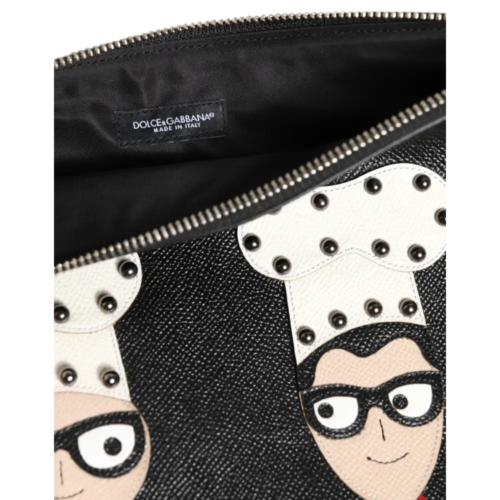 Dolce & Gabbana Schwarzes Leder #DGFAMILY Verschönerte Herren Clutch Pouch Tasche