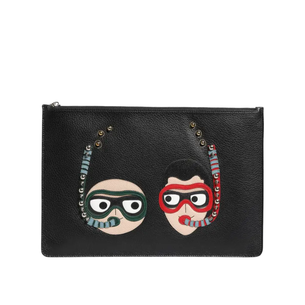 Dolce & Gabbana Schwarzes Leder #DGFAMILY Verschönerte Herren Clutch Pouch Tasche