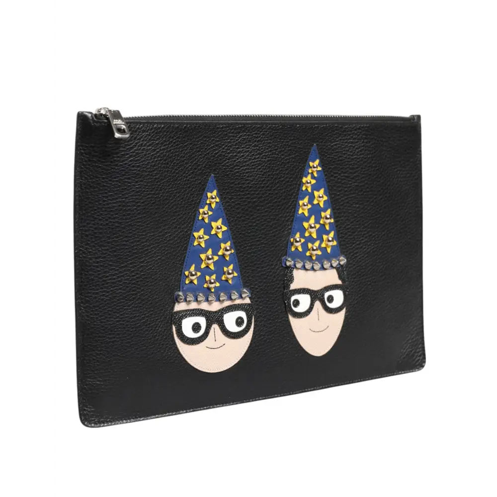 Dolce & Gabbana Schwarzes Leder #DGFAMILY Verschönerte Herren Clutch Pouch Tasche