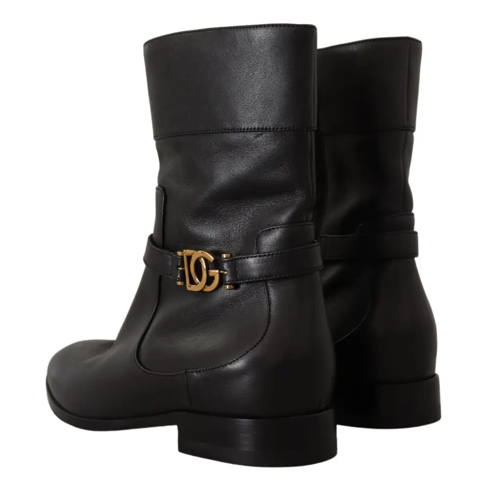 Dolce & Gabbana Schwarzes Leder Flats Logo Kurze Stiefel Schuhe - EU36/US5.5