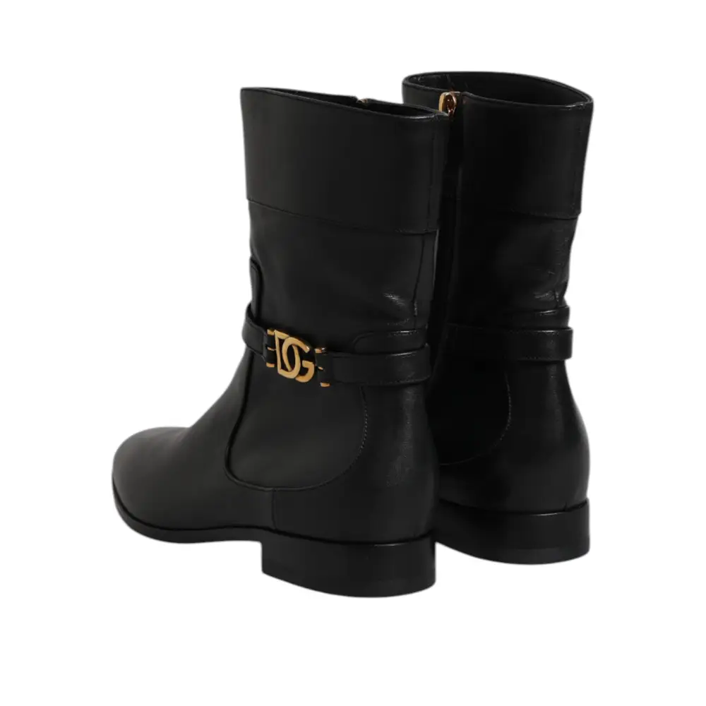 Dolce & Gabbana Schwarzes Leder Flats Logo Kurze Stiefel Schuhe - EU37.5/US7