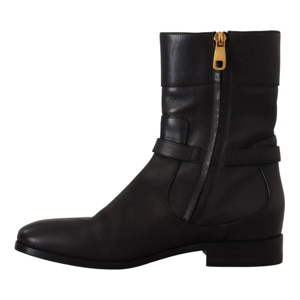 Dolce & Gabbana Schwarzes Leder Flats Logo Kurze Stiefel Schuhe - EU36/US5.5