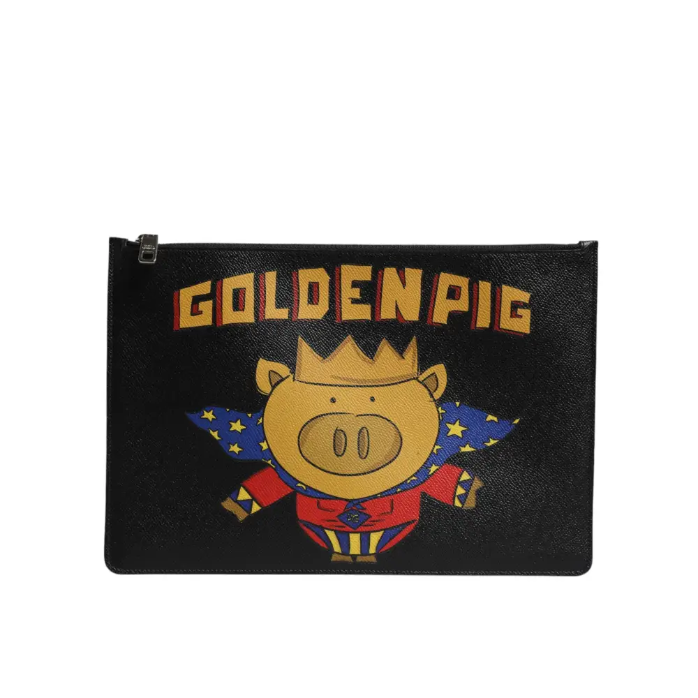 Dolce & Gabbana Schwarzes Leder Golden Pig Print Herren Clutch Pouch Borse Tasche
