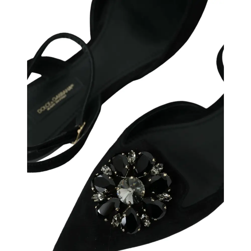 Dolce & Gabbana Schwarzes Leder Kristall Slingback Sandalen Schuhe - EU38/US7.5