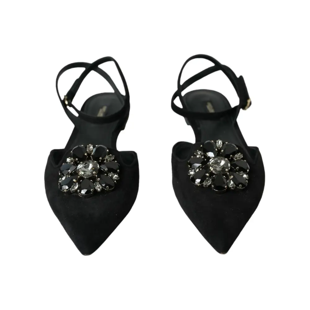 Dolce & Gabbana Schwarzes Leder Kristall Slingback Sandalen Schuhe - EU38/US7.5