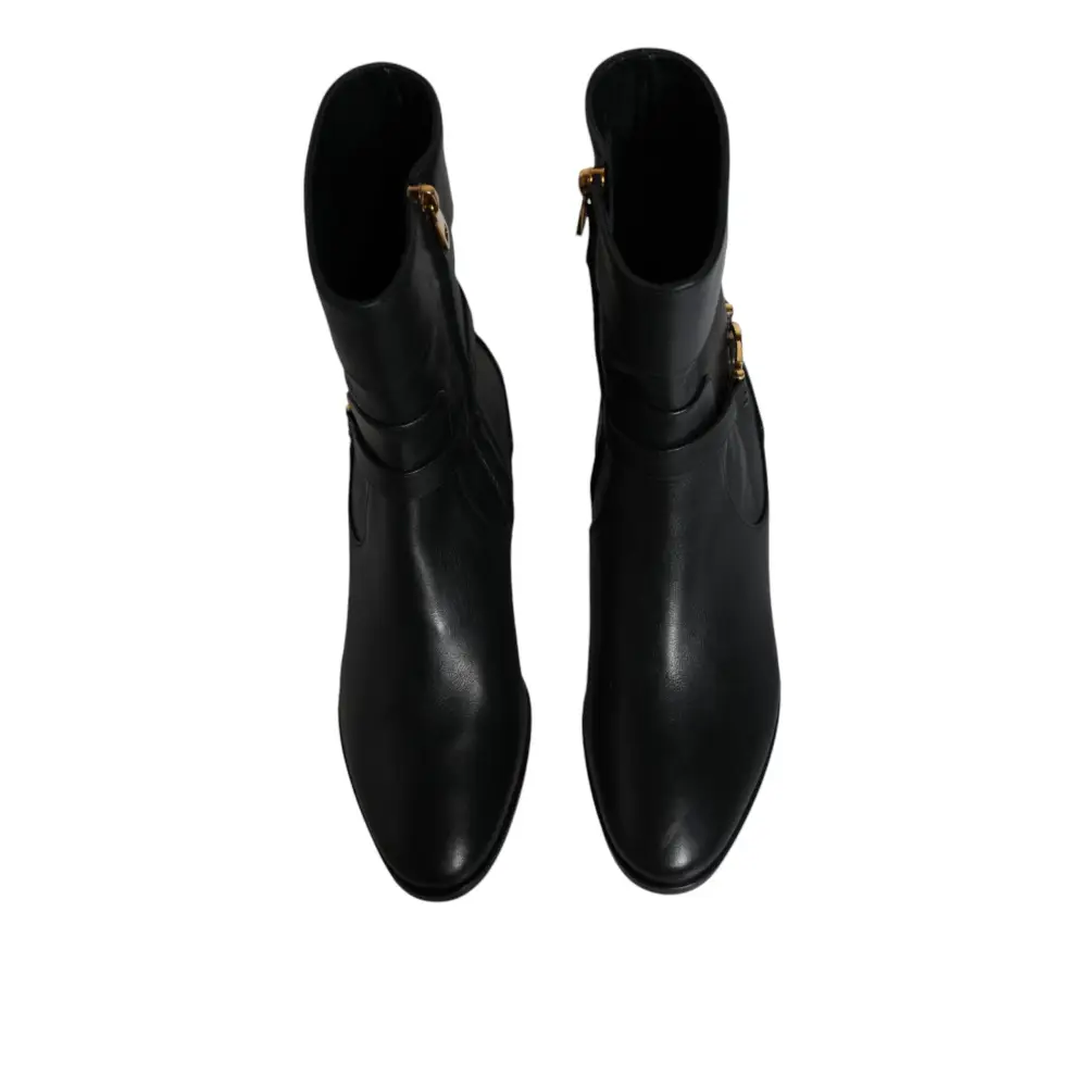 Dolce & Gabbana Schwarzes Leder Logo Mid Calf Stiefel Schuhe - EU37.5/US7
