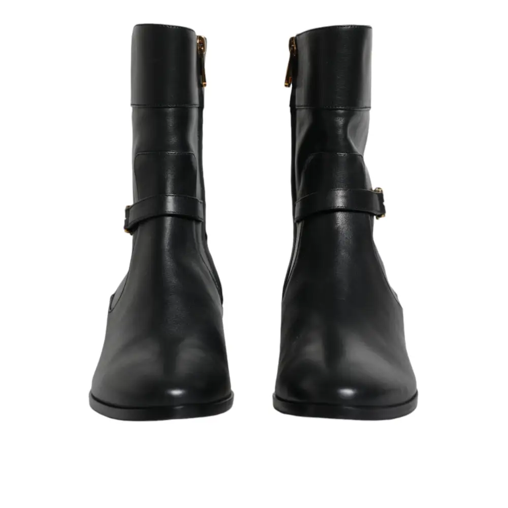 Dolce & Gabbana Schwarzes Leder Logo Mid Calf Stiefel Schuhe - EU37.5/US7