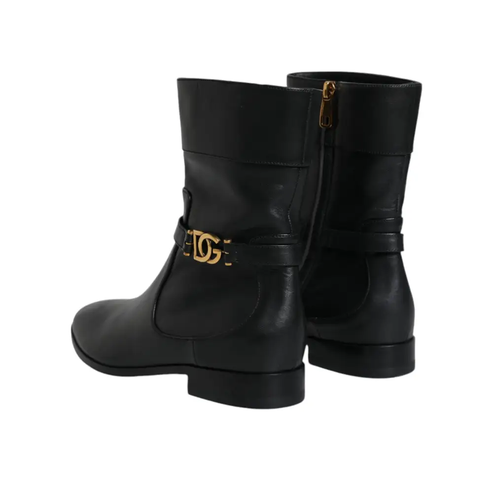 Dolce & Gabbana Schwarzes Leder Logo Mid Calf Stiefel Schuhe - EU37.5/US7