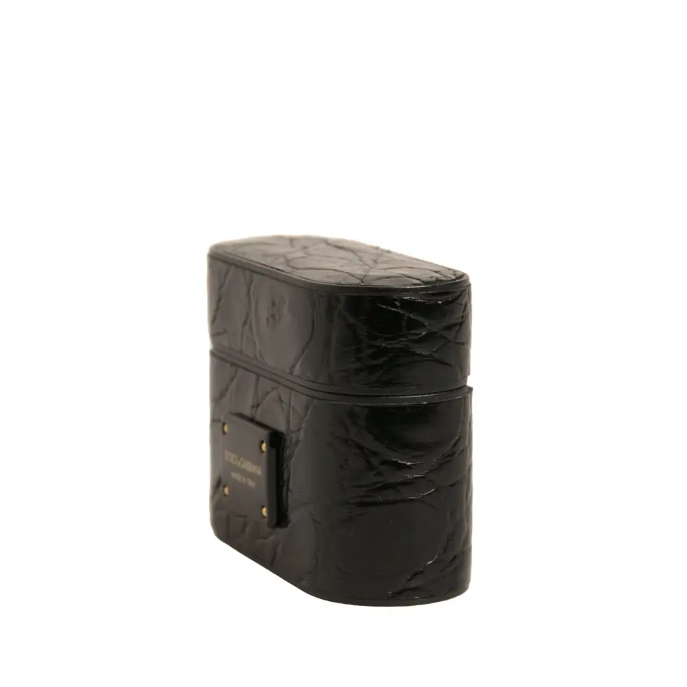 Dolce & Gabbana Schwarzes Leder Metall Logo Plaque Halter Airpods Fall