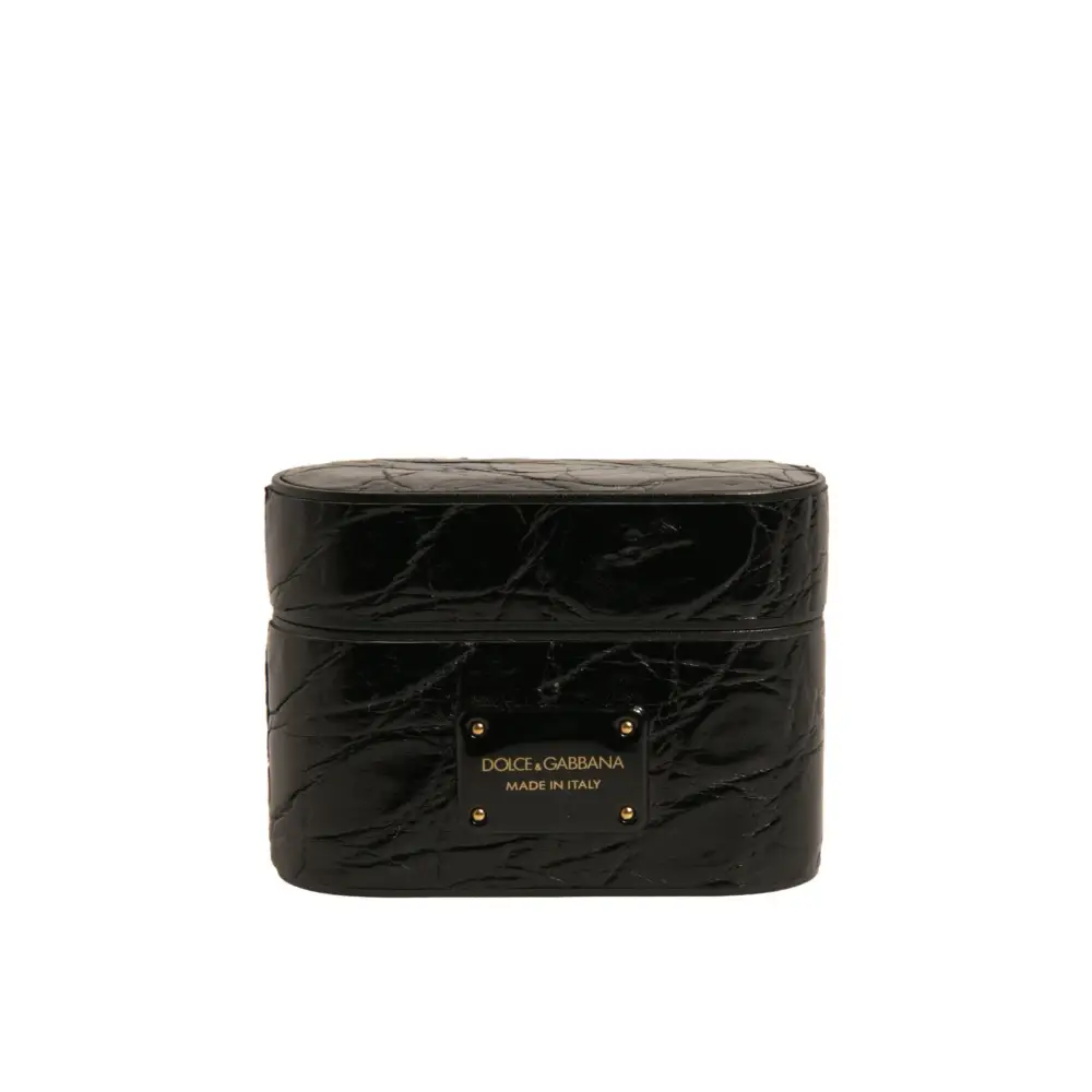 Dolce & Gabbana Schwarzes Leder Metall Logo Plaque Halter Airpods Fall