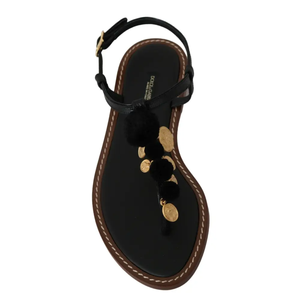 Dolce & Gabbana Schwarzes Leder Münzen Flip Flops Sandalen Schuhe - EU35/US4.5