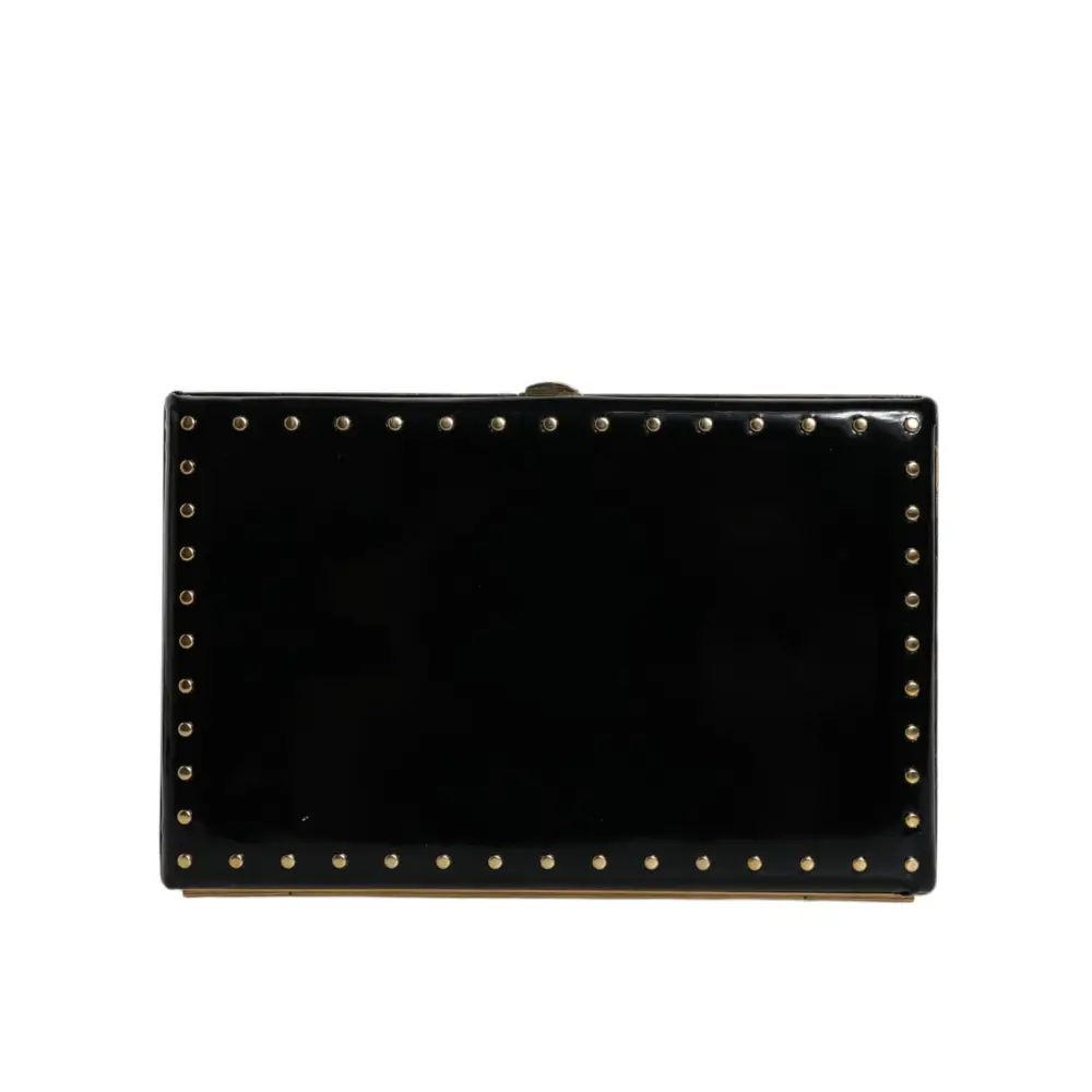 Dolce & Gabbana Schwarzes Leder Nieten Goldrahmen Clutch Abendtasche Tasche