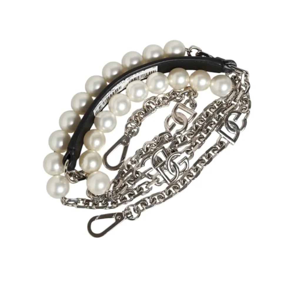 Dolce & Gabbana Schwarzes Leder Perle Kette Tasche Accessoire Schulterriemen