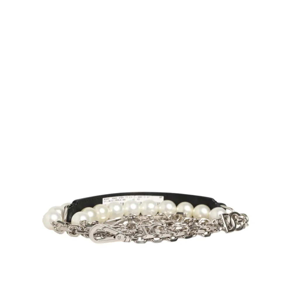 Dolce & Gabbana Schwarzes Leder Perle Kette Tasche Accessoire Schulterriemen